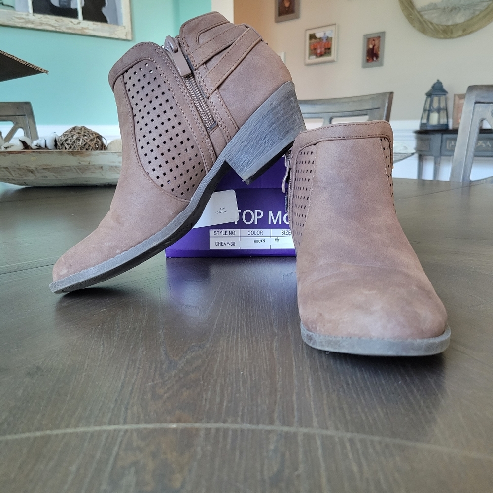 Top Moda Perforated Ankle Booties- Brown